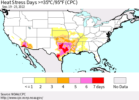 United States Heat Stress Days >=35°C/95°F (CPC) Thematic Map For 9/19/2022 - 9/25/2022