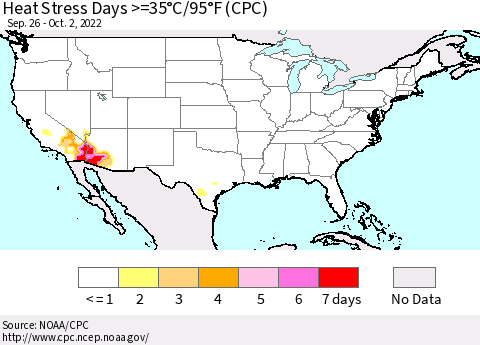 United States Heat Stress Days >=35°C/95°F (CPC) Thematic Map For 9/26/2022 - 10/2/2022