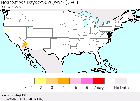 United States Heat Stress Days >=35°C/95°F (CPC) Thematic Map For 10/3/2022 - 10/9/2022