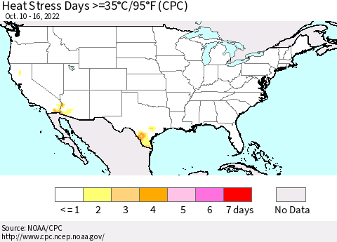 United States Heat Stress Days >=35°C/95°F (CPC) Thematic Map For 10/10/2022 - 10/16/2022