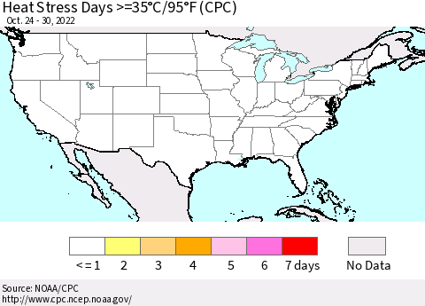 United States Heat Stress Days >=35°C/95°F (CPC) Thematic Map For 10/24/2022 - 10/30/2022