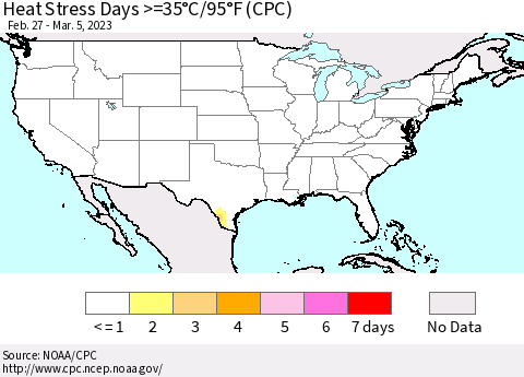 United States Heat Stress Days >=35°C/95°F (CPC) Thematic Map For 2/27/2023 - 3/5/2023