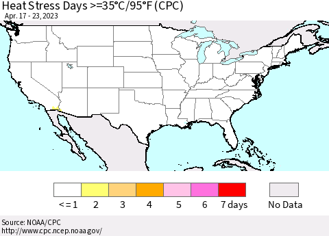 United States Heat Stress Days >=35°C/95°F (CPC) Thematic Map For 4/17/2023 - 4/23/2023