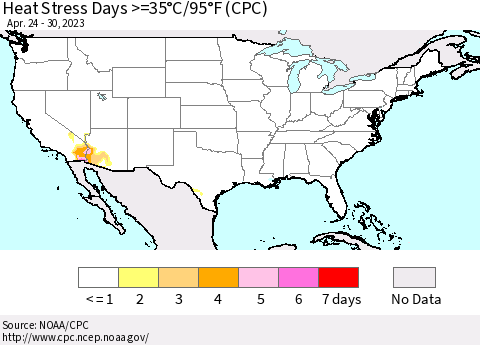 United States Heat Stress Days >=35°C/95°F (CPC) Thematic Map For 4/24/2023 - 4/30/2023
