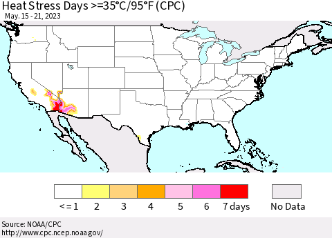 United States Heat Stress Days >=35°C/95°F (CPC) Thematic Map For 5/15/2023 - 5/21/2023