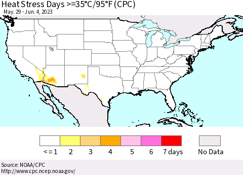 United States Heat Stress Days >=35°C/95°F (CPC) Thematic Map For 5/29/2023 - 6/4/2023