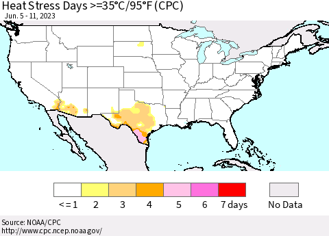 United States Heat Stress Days >=35°C/95°F (CPC) Thematic Map For 6/5/2023 - 6/11/2023