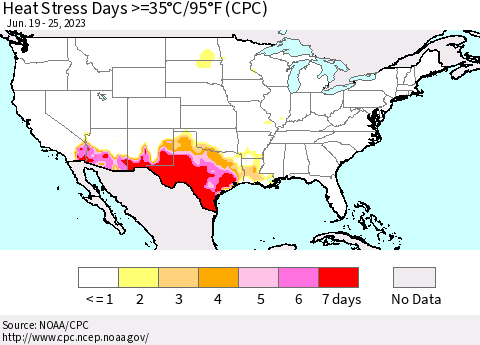 United States Heat Stress Days >=35°C/95°F (CPC) Thematic Map For 6/19/2023 - 6/25/2023