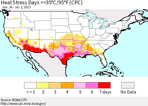 United States Heat Stress Days >=35°C/95°F (CPC) Thematic Map For 6/26/2023 - 7/2/2023