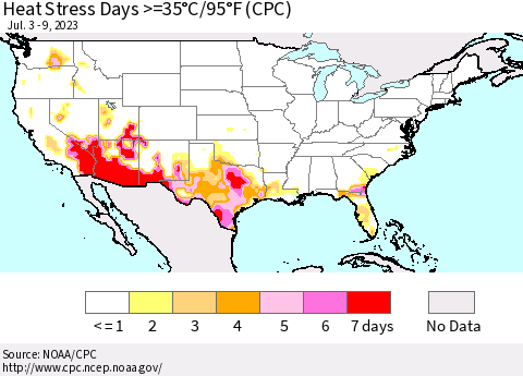 United States Heat Stress Days >=35°C/95°F (CPC) Thematic Map For 7/3/2023 - 7/9/2023