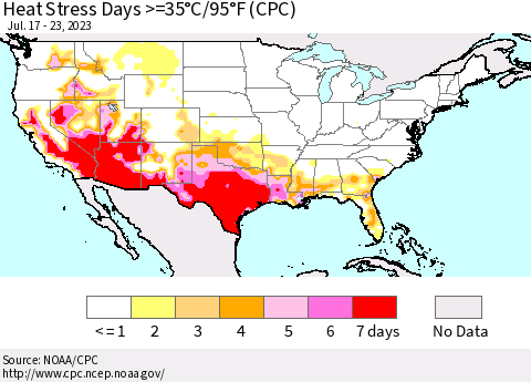 United States Heat Stress Days >=35°C/95°F (CPC) Thematic Map For 7/17/2023 - 7/23/2023