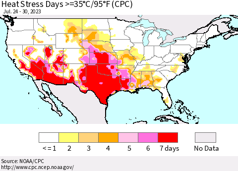 United States Heat Stress Days >=35°C/95°F (CPC) Thematic Map For 7/24/2023 - 7/30/2023