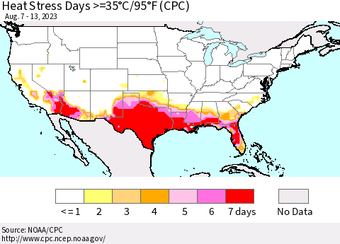 United States Heat Stress Days >=35°C/95°F (CPC) Thematic Map For 8/7/2023 - 8/13/2023