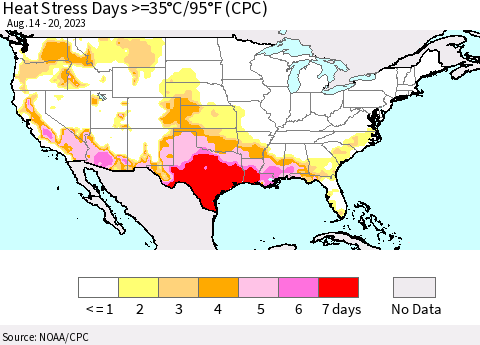 United States Heat Stress Days >=35°C/95°F (CPC) Thematic Map For 8/14/2023 - 8/20/2023