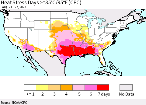 United States Heat Stress Days >=35°C/95°F (CPC) Thematic Map For 8/21/2023 - 8/27/2023