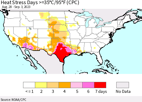 United States Heat Stress Days >=35°C/95°F (CPC) Thematic Map For 8/28/2023 - 9/3/2023