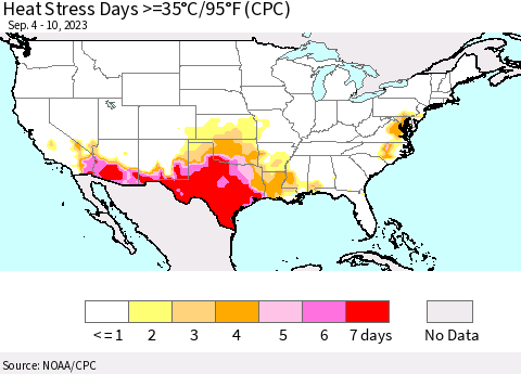 United States Heat Stress Days >=35°C/95°F (CPC) Thematic Map For 9/4/2023 - 9/10/2023