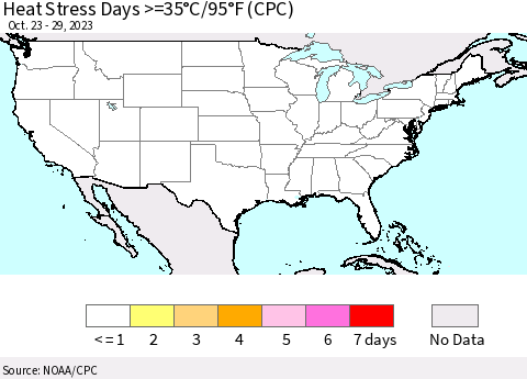 United States Heat Stress Days >=35°C/95°F (CPC) Thematic Map For 10/23/2023 - 10/29/2023