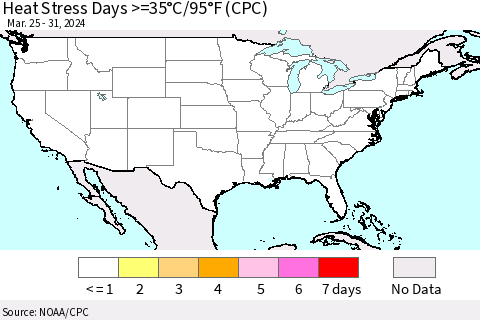 United States Heat Stress Days >=35°C/95°F (CPC) Thematic Map For 3/25/2024 - 3/31/2024