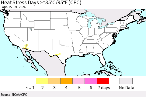 United States Heat Stress Days >=35°C/95°F (CPC) Thematic Map For 4/15/2024 - 4/21/2024