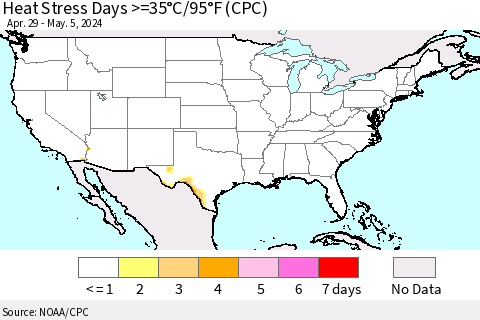 United States Heat Stress Days >=35°C/95°F (CPC) Thematic Map For 4/29/2024 - 5/5/2024