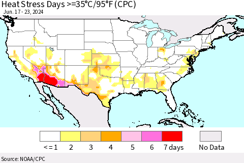 United States Heat Stress Days >=35°C/95°F (CPC) Thematic Map For 6/17/2024 - 6/23/2024