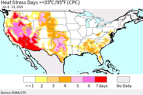 United States Heat Stress Days >=35°C/95°F (CPC) Thematic Map For 7/8/2024 - 7/14/2024