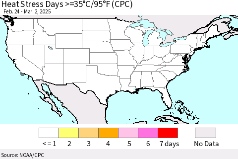 United States Heat Stress Days >=35°C/95°F (CPC) Thematic Map For 2/24/2025 - 3/2/2025