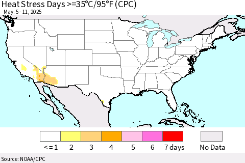 United States Heat Stress Days >=35°C/95°F (CPC) Thematic Map For 5/5/2025 - 5/11/2025