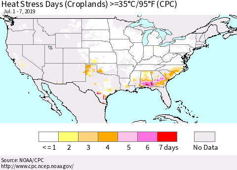 United States Heat Stress Days (Croplands) >=35°C/95°F (CPC) Thematic Map For 7/1/2019 - 7/7/2019