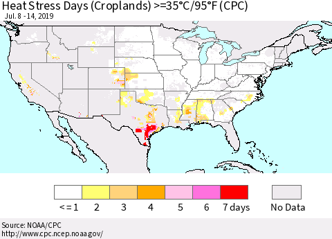 United States Heat Stress Days (Croplands) >=35°C/95°F (CPC) Thematic Map For 7/8/2019 - 7/14/2019
