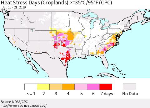United States Heat Stress Days (Croplands) >=35°C/95°F (CPC) Thematic Map For 7/15/2019 - 7/21/2019