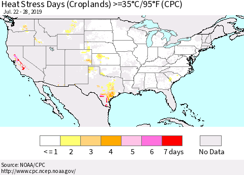 United States Heat Stress Days (Croplands) >=35°C/95°F (CPC) Thematic Map For 7/22/2019 - 7/28/2019