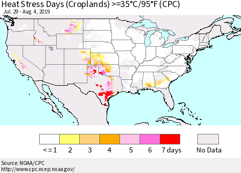 United States Heat Stress Days (Croplands) >=35°C/95°F (CPC) Thematic Map For 7/29/2019 - 8/4/2019