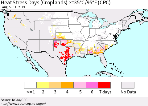 United States Heat Stress Days (Croplands) >=35°C/95°F (CPC) Thematic Map For 8/5/2019 - 8/11/2019