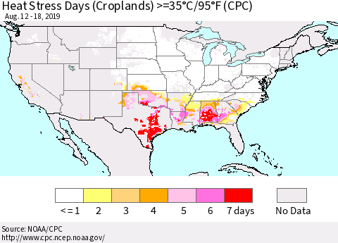 United States Heat Stress Days (Croplands) >=35°C/95°F (CPC) Thematic Map For 8/12/2019 - 8/18/2019