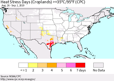 United States Heat Stress Days (Croplands) >=35°C/95°F (CPC) Thematic Map For 8/26/2019 - 9/1/2019