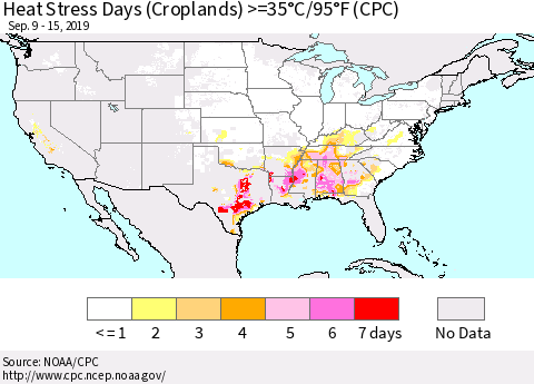 United States Heat Stress Days (Croplands) >=35°C/95°F (CPC) Thematic Map For 9/9/2019 - 9/15/2019