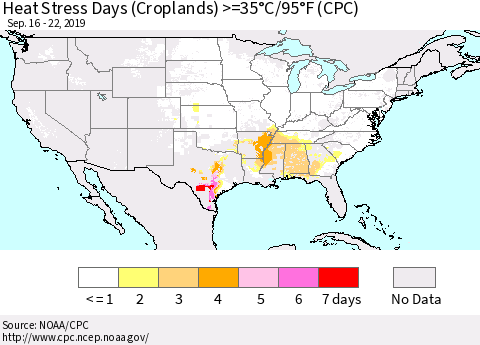 United States Heat Stress Days (Croplands) >=35°C/95°F (CPC) Thematic Map For 9/16/2019 - 9/22/2019