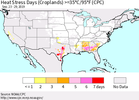 United States Heat Stress Days (Croplands) >=35°C/95°F (CPC) Thematic Map For 9/23/2019 - 9/29/2019