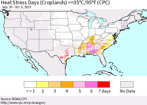 United States Heat Stress Days (Croplands) >=35°C/95°F (CPC) Thematic Map For 9/30/2019 - 10/6/2019