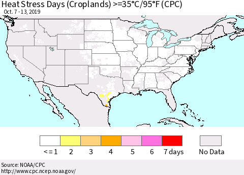United States Heat Stress Days (Croplands) >=35°C/95°F (CPC) Thematic Map For 10/7/2019 - 10/13/2019