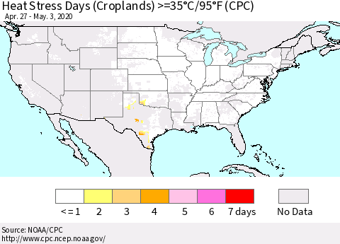 United States Heat Stress Days (Croplands) >=35°C/95°F (CPC) Thematic Map For 4/27/2020 - 5/3/2020