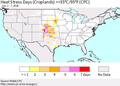 United States Heat Stress Days (Croplands) >=35°C/95°F (CPC) Thematic Map For 6/1/2020 - 6/7/2020