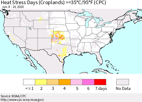 United States Heat Stress Days (Croplands) >=35°C/95°F (CPC) Thematic Map For 6/8/2020 - 6/14/2020