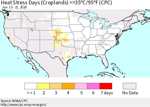 United States Heat Stress Days (Croplands) >=35°C/95°F (CPC) Thematic Map For 6/15/2020 - 6/21/2020