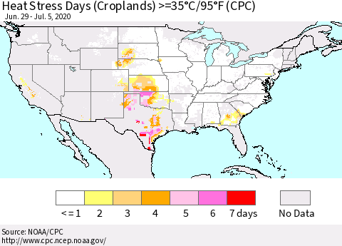 United States Heat Stress Days (Croplands) >=35°C/95°F (CPC) Thematic Map For 6/29/2020 - 7/5/2020