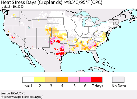 United States Heat Stress Days (Croplands) >=35°C/95°F (CPC) Thematic Map For 7/13/2020 - 7/19/2020