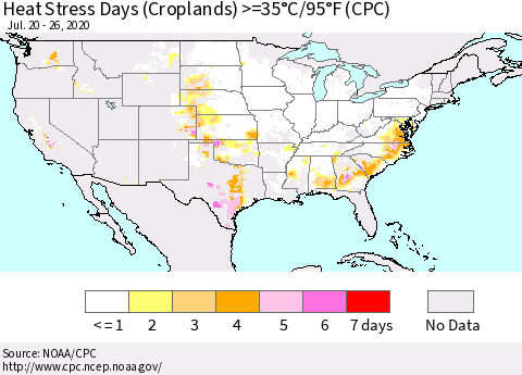 United States Heat Stress Days (Croplands) >=35°C/95°F (CPC) Thematic Map For 7/20/2020 - 7/26/2020
