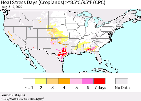 United States Heat Stress Days (Croplands) >=35°C/95°F (CPC) Thematic Map For 8/3/2020 - 8/9/2020